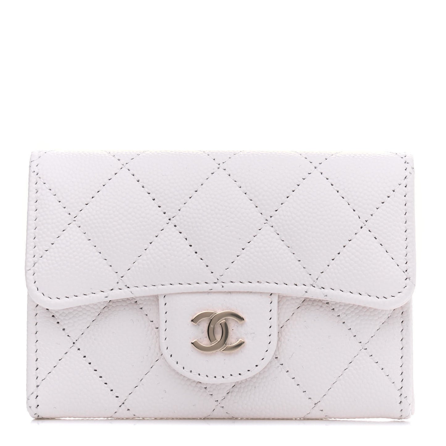 Caviar Quilted Flap Card Holder Wallet White