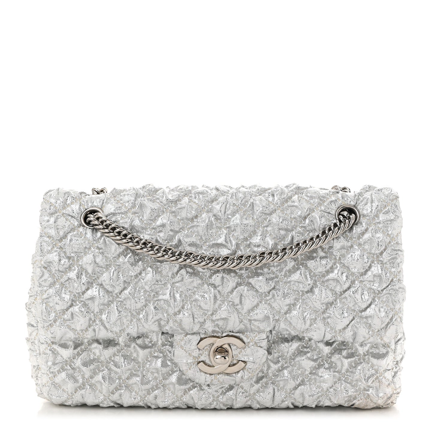 Metallic Lame Quilted Small Double Flap Silver