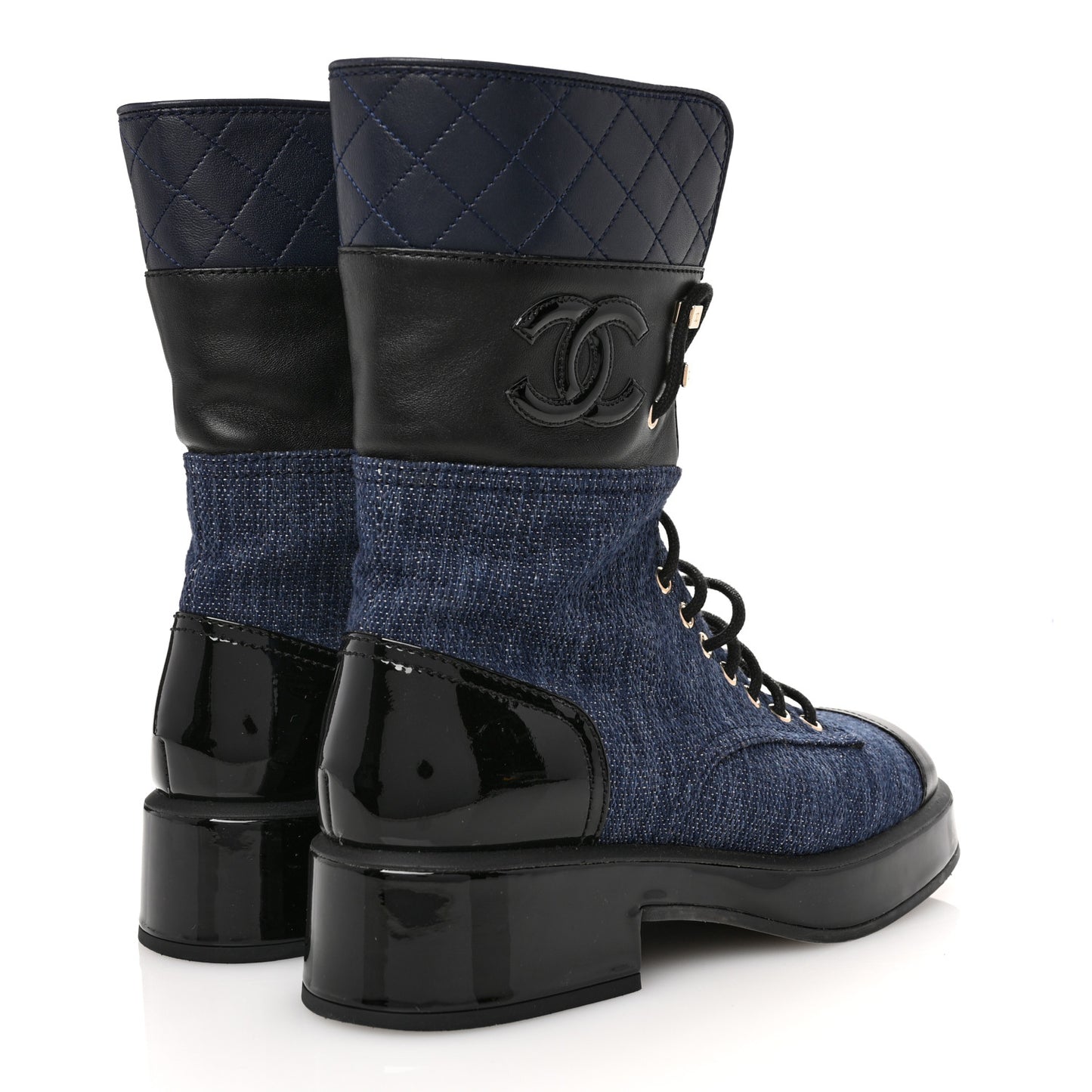 Fabric Patent Lambskin Quilted CC Lace Up Combat Boots 37 Navy Blue Black