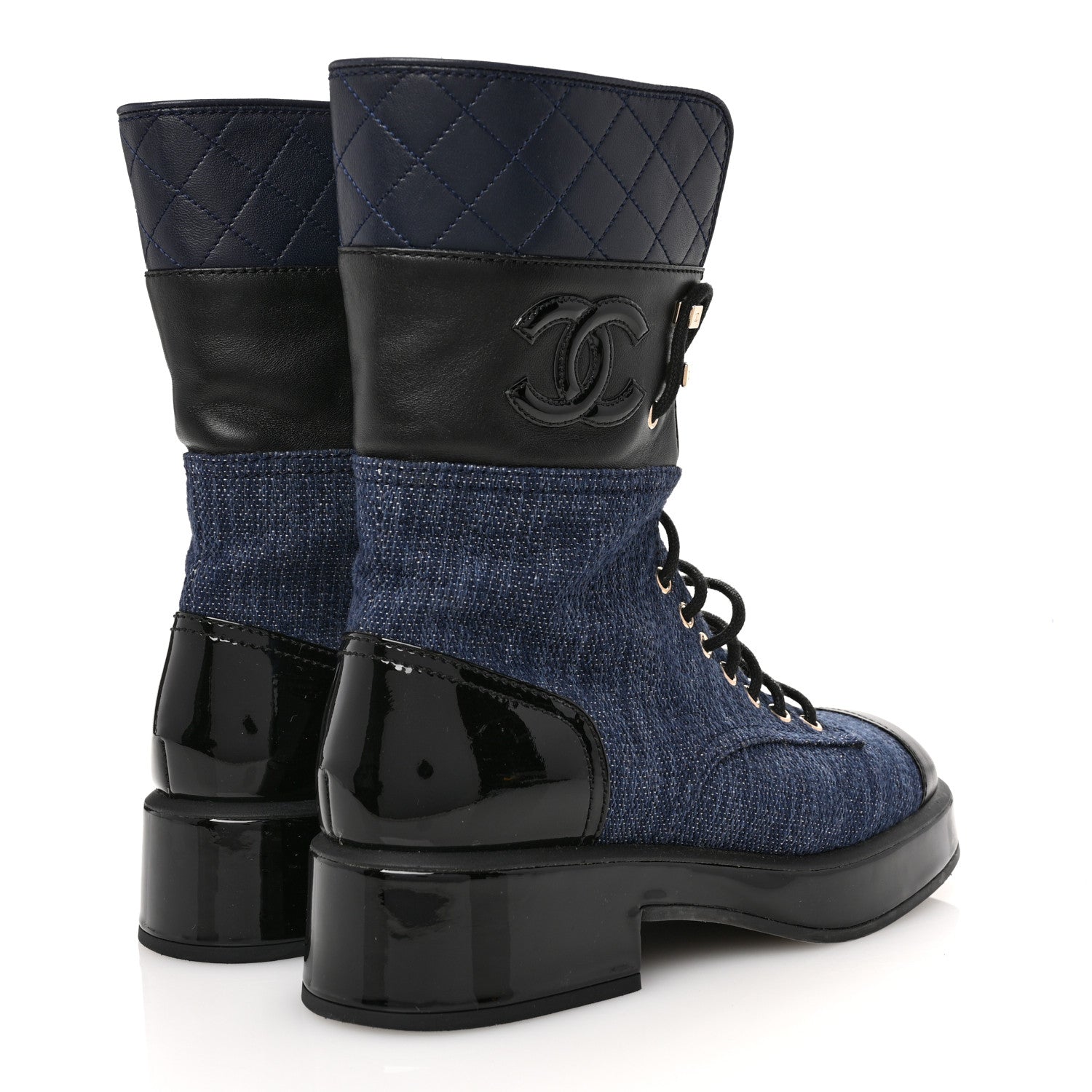 Chanel Fabric Patent Lambskin Quilted CC Lace Up Combat Boots 37 Navy Blue Black 5 of 11