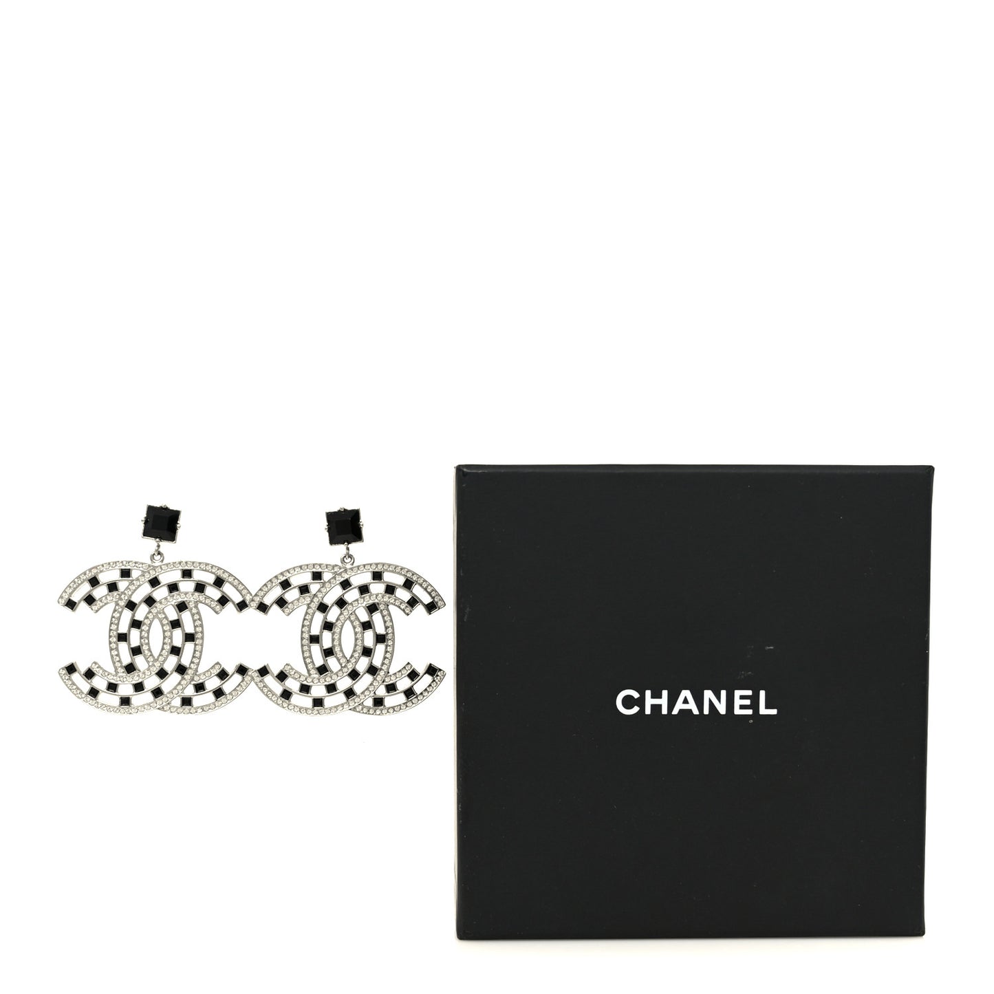 Baguette Crystal CC Drop Earrings Silver Black