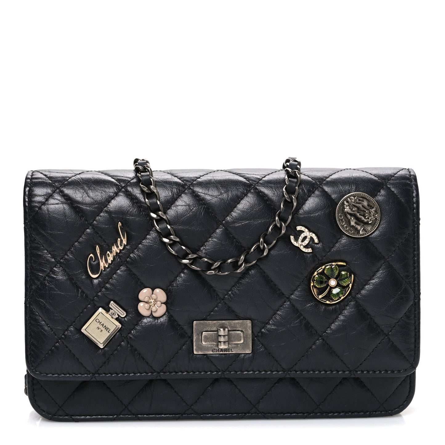 Aged Calfskin Quilted Lucky Charms 2.55 Reissue Wallet On Chain WOC Black