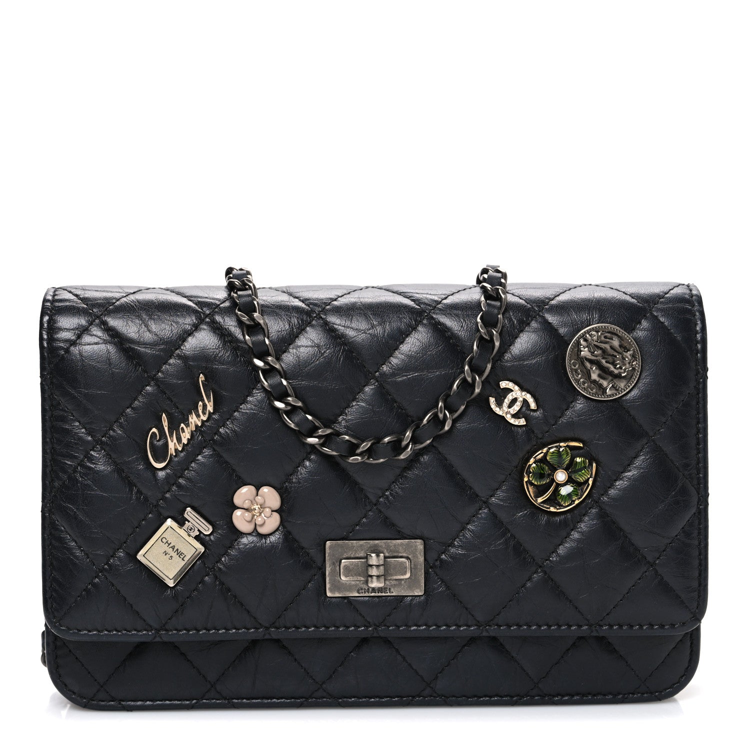 Chanel Aged Calfskin Quilted Lucky Charms 2.55 Reissue Wallet On Chain WOC Black 1 of 11
