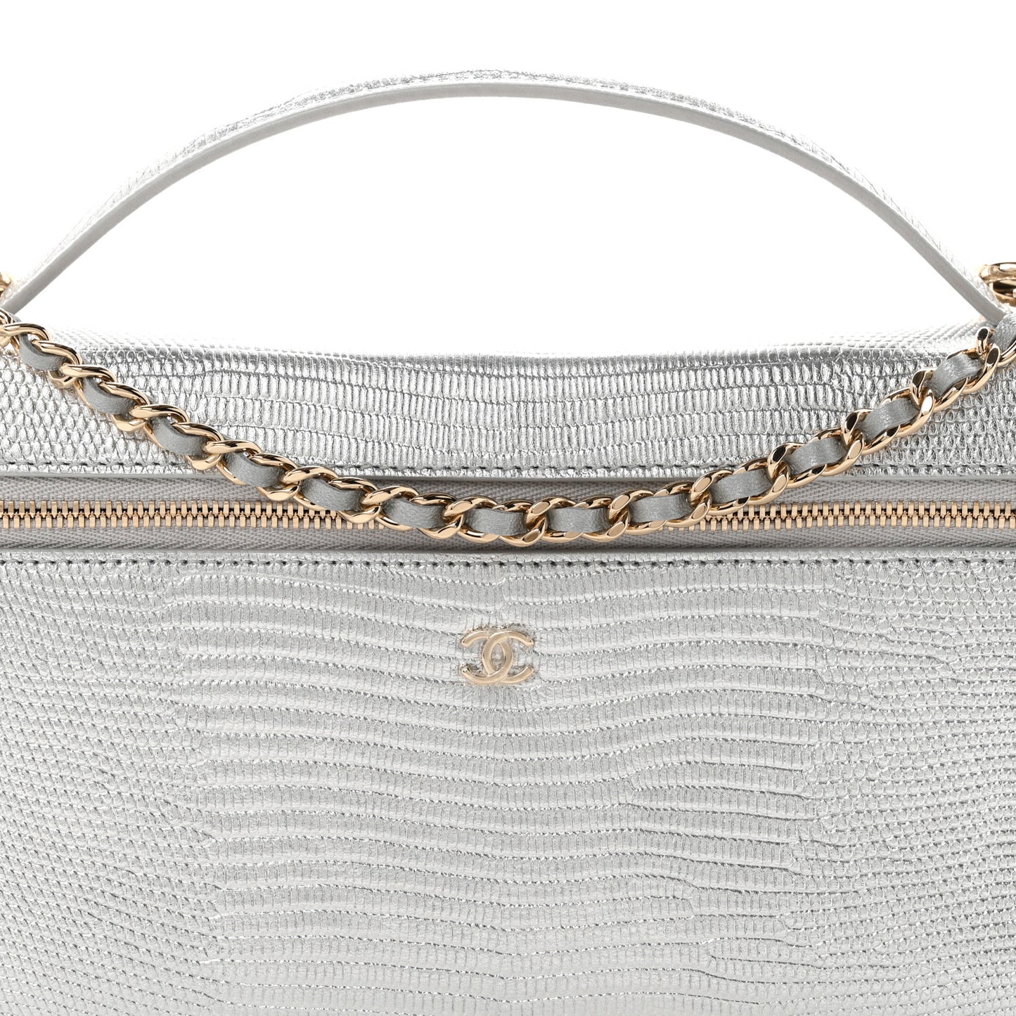 Lizard Embossed Top Handle Slim Vanity With Chain Silver