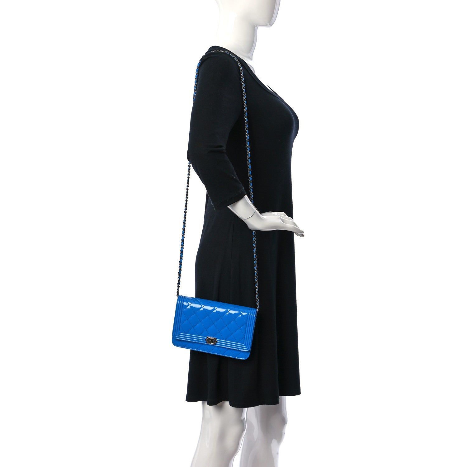 Chanel Patent Calfskin Quilted Boy Wallet On Chain WOC Blue 2 of 10