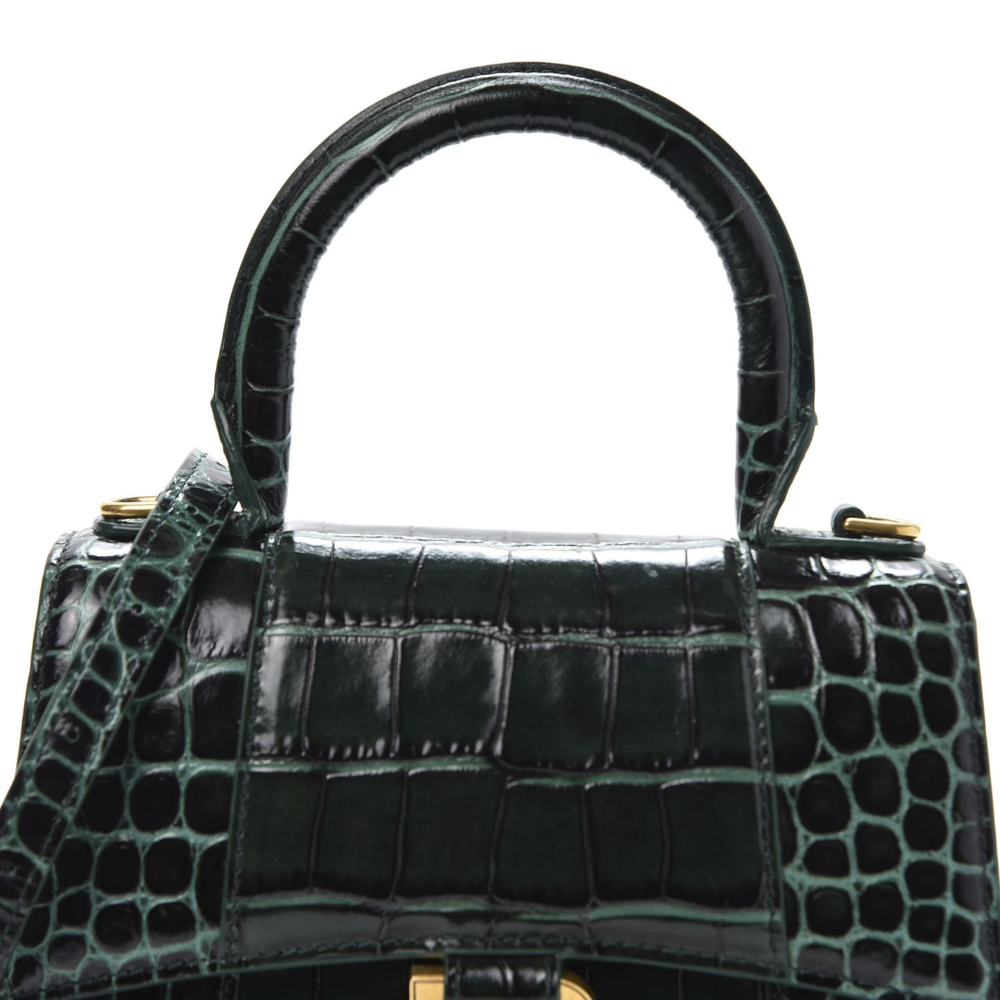 Shiny Calfskin Crocodile Embossed Hourglass Top Handle Bag XS Forest Green