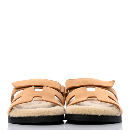 Hermes Suede Goatskin Woolskin Womens Chypre Sandals 37 Golden Beige 2 of 8