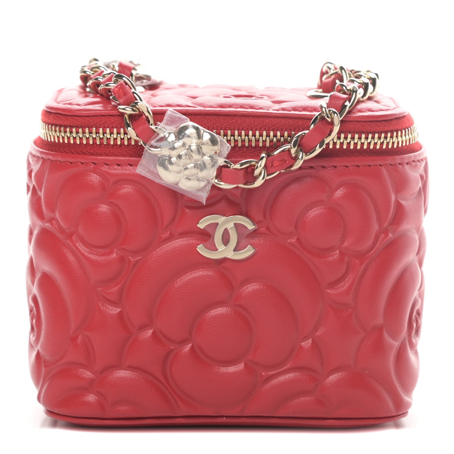 Lambskin Camellia Embossed Mini Vanity Case With Chain Red