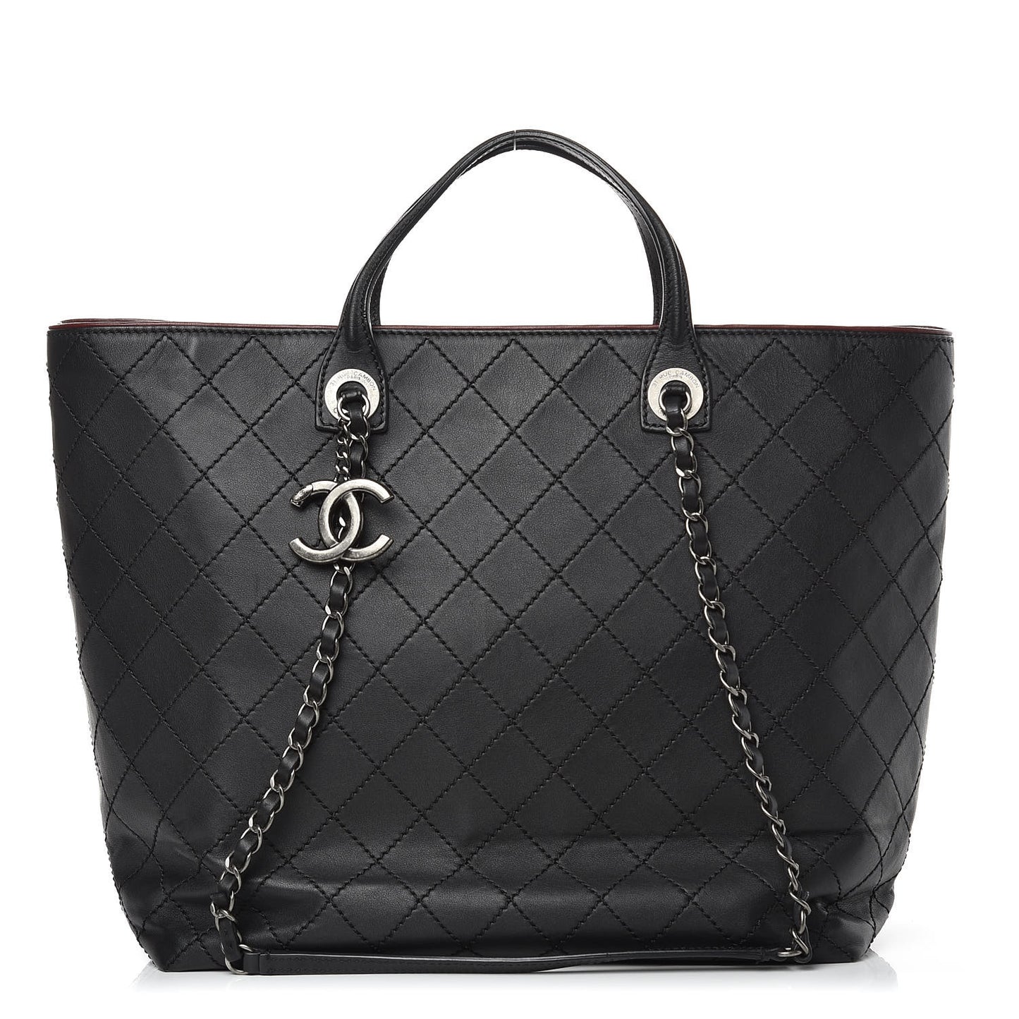 Calfskin Stitched Large Shopping Tote Black