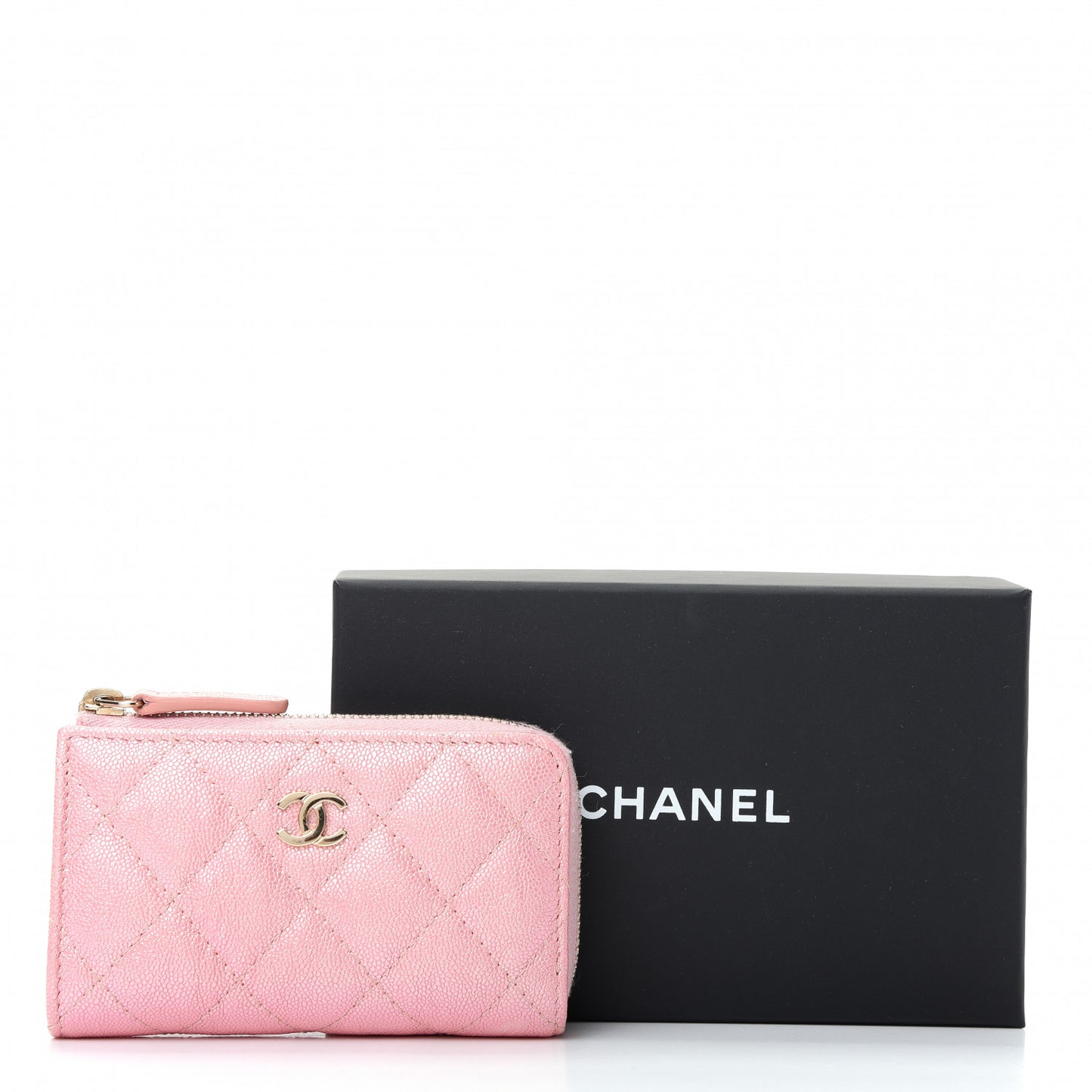 Iridescent Caviar Quilted Zipped Key Holder Case Rose Pink
