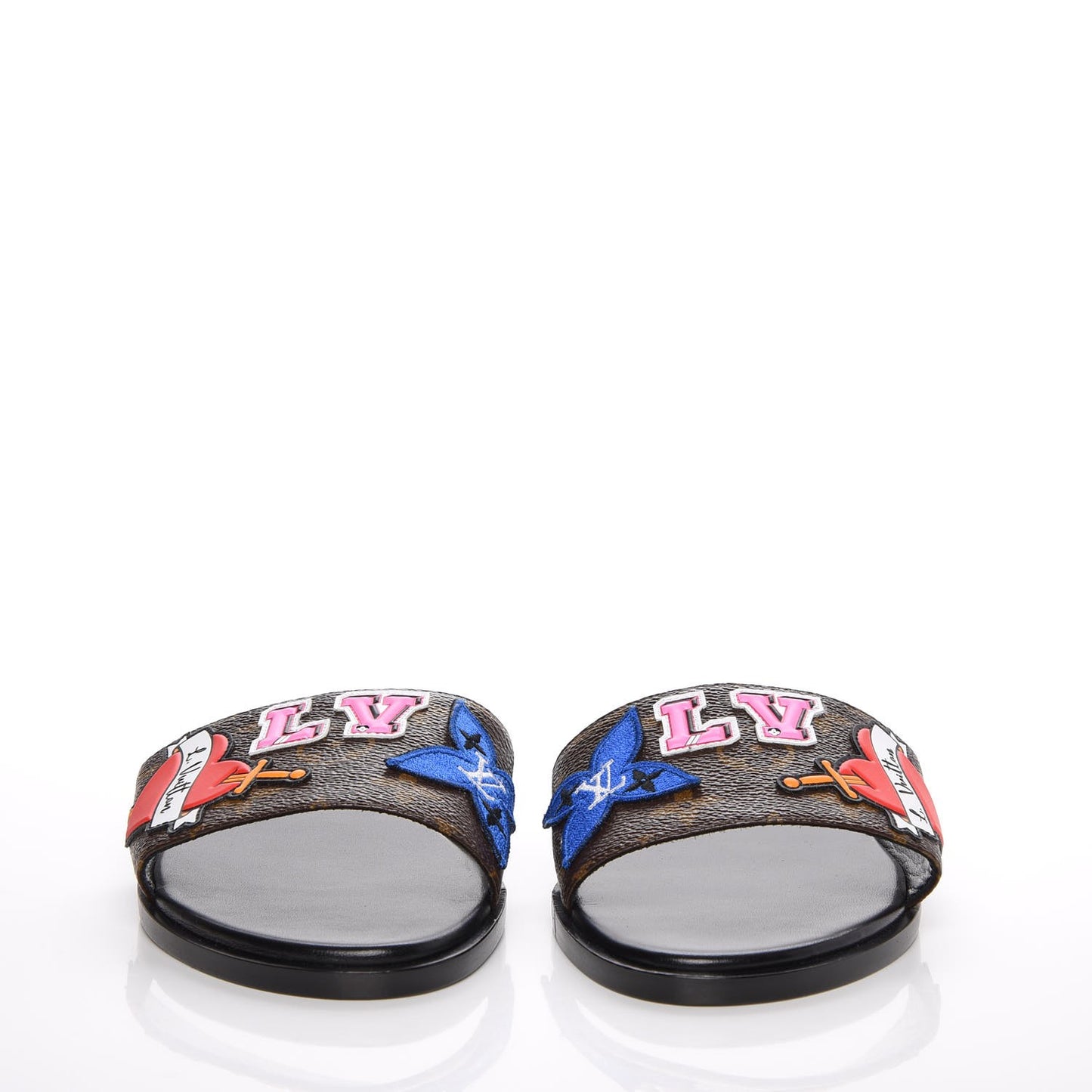 Patent Calfskin Monogram LV Black Heart Flat Mules 39 Cacao