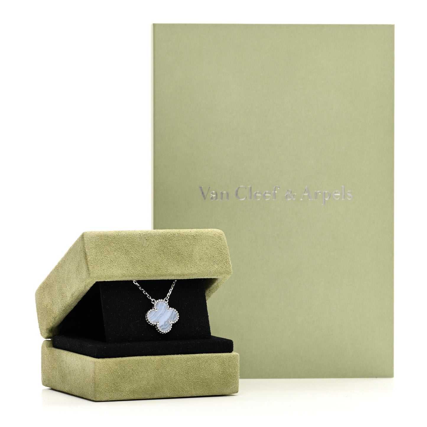 18K White Gold Chalcedony Vintage Alhambra Pendant Necklace