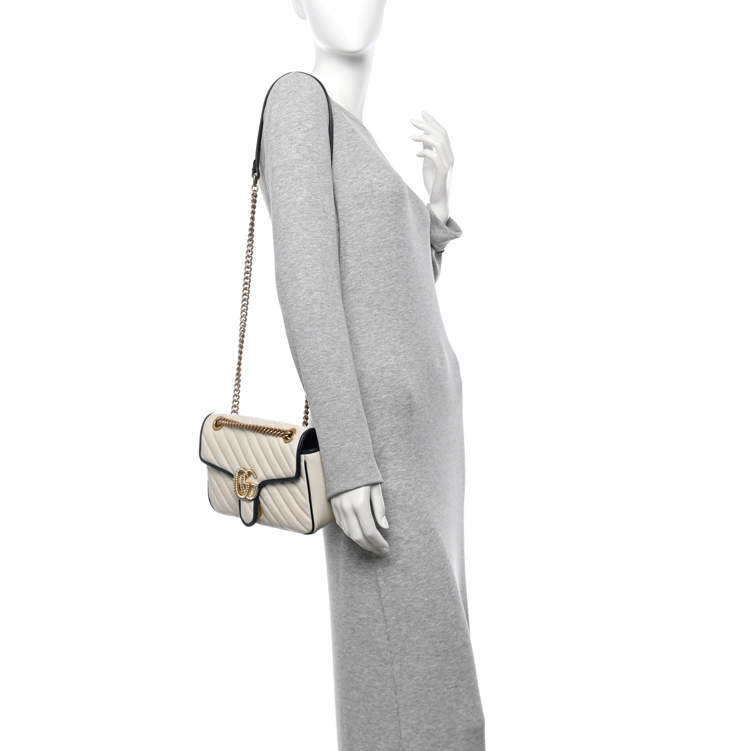 Gucci Vintage Effect Calfskin Matelasse Diagonal Small Torchon GG Marmont Shoulder Bag Mystic White Blue Agata 2 of 10