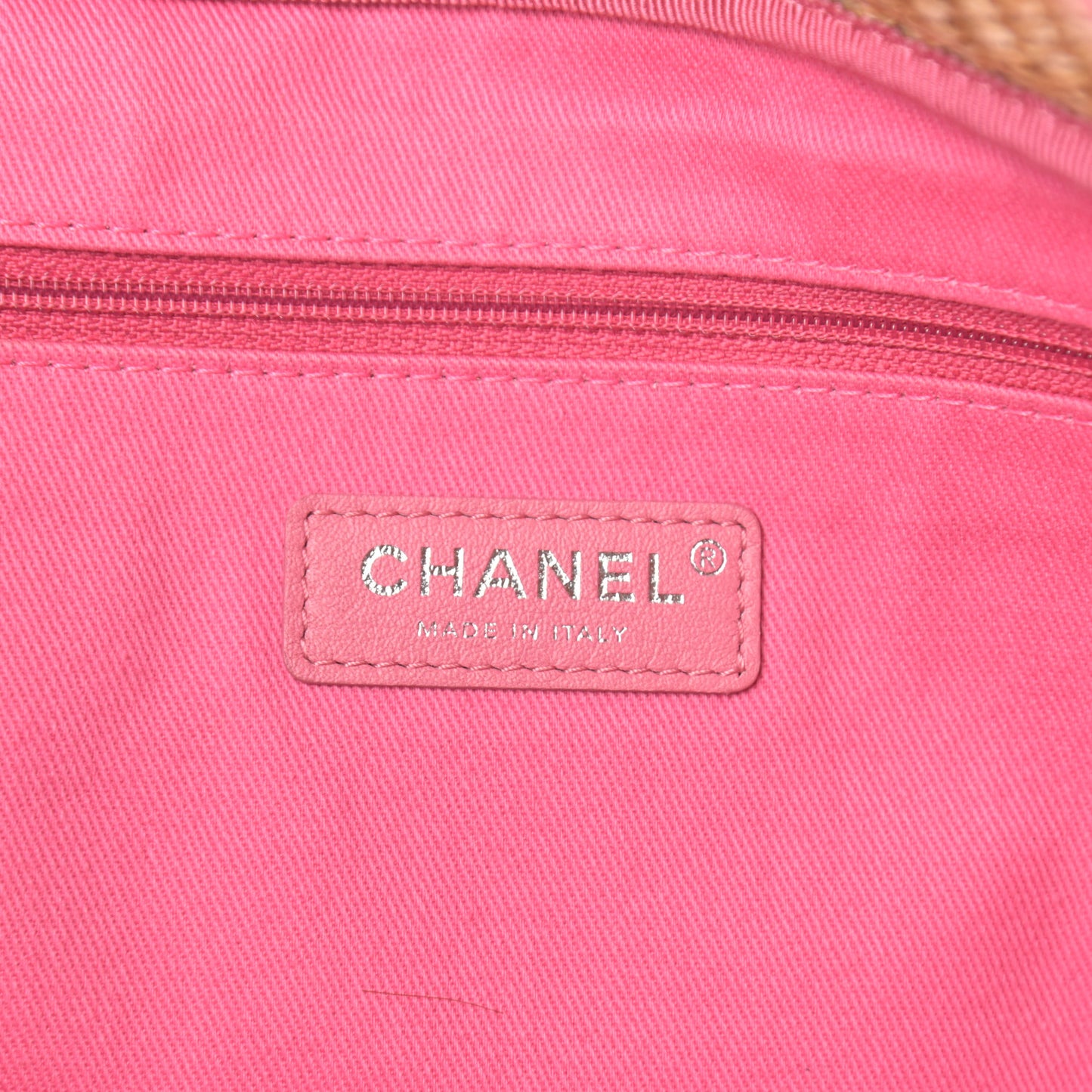 Woven Straw Raffia Logo Tote Pink Beige