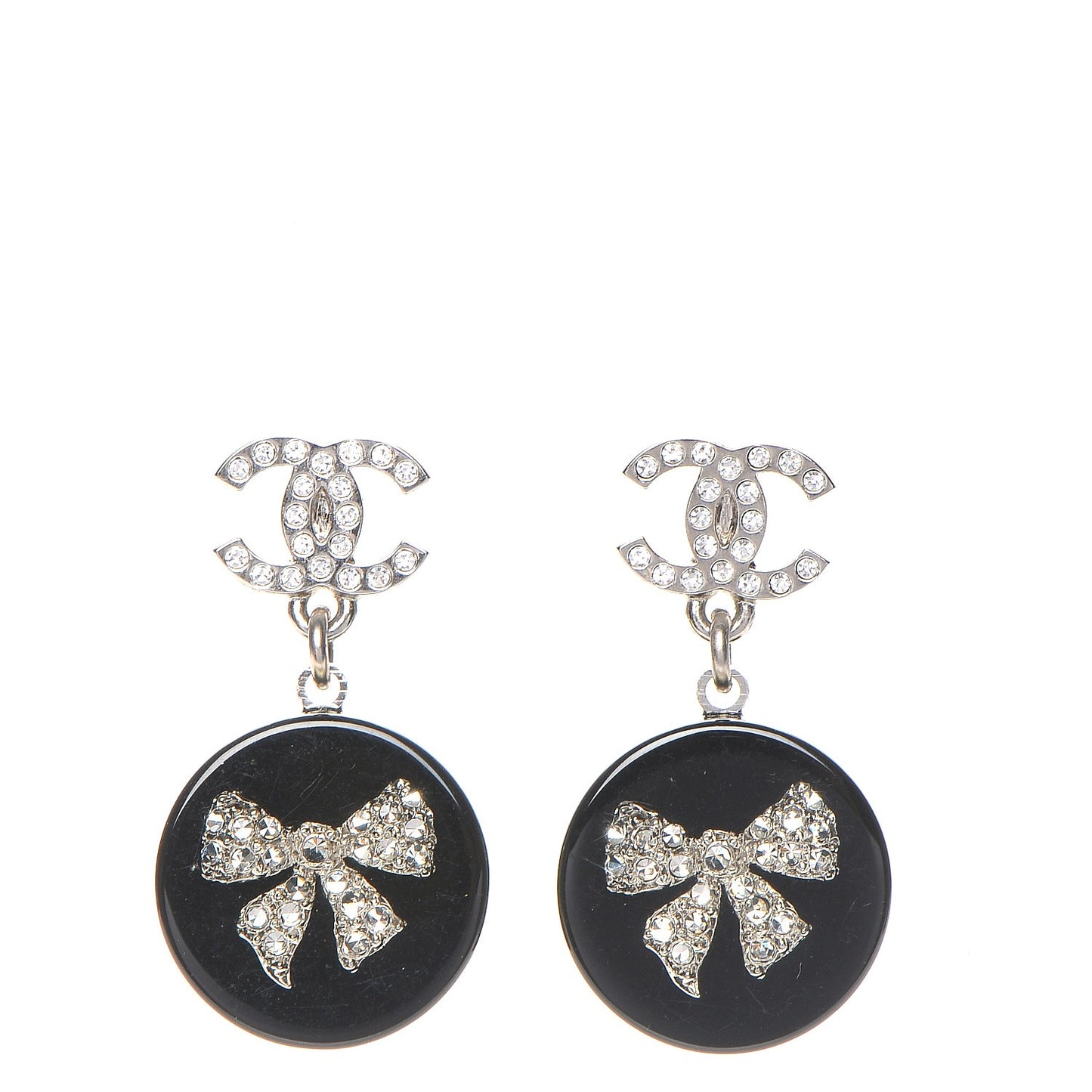Resin Crystal CC Bow Drop Earrings Black Silver