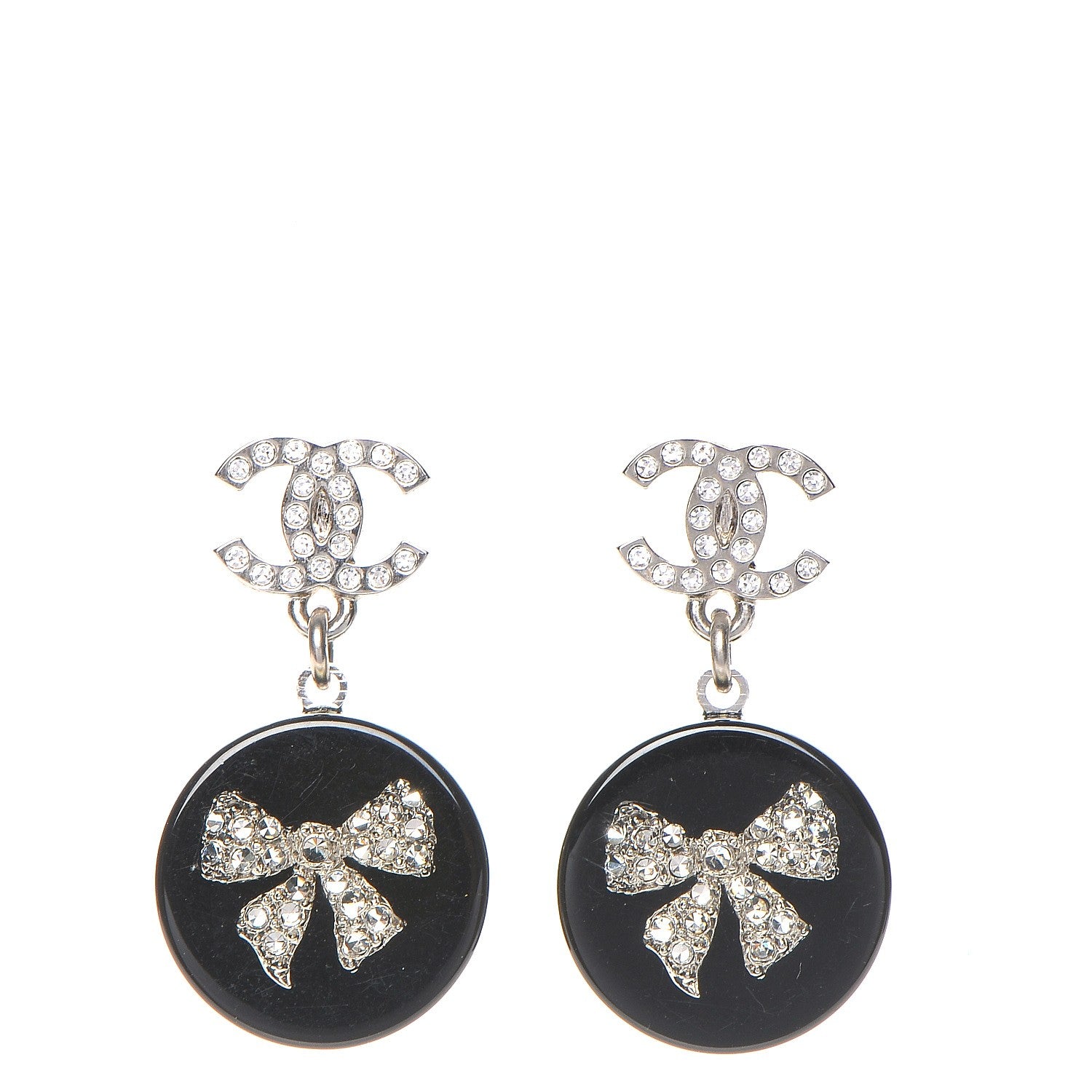 Chanel Resin Crystal CC Bow Drop Earrings Black Silver 1 of 5