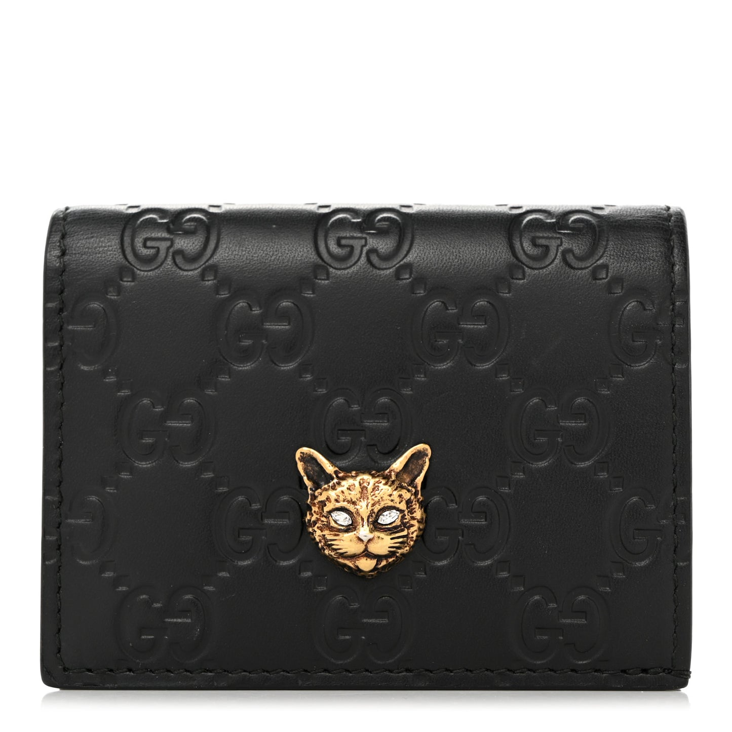 Guccissima Signature Crystal Cat Card Case Wallet Black