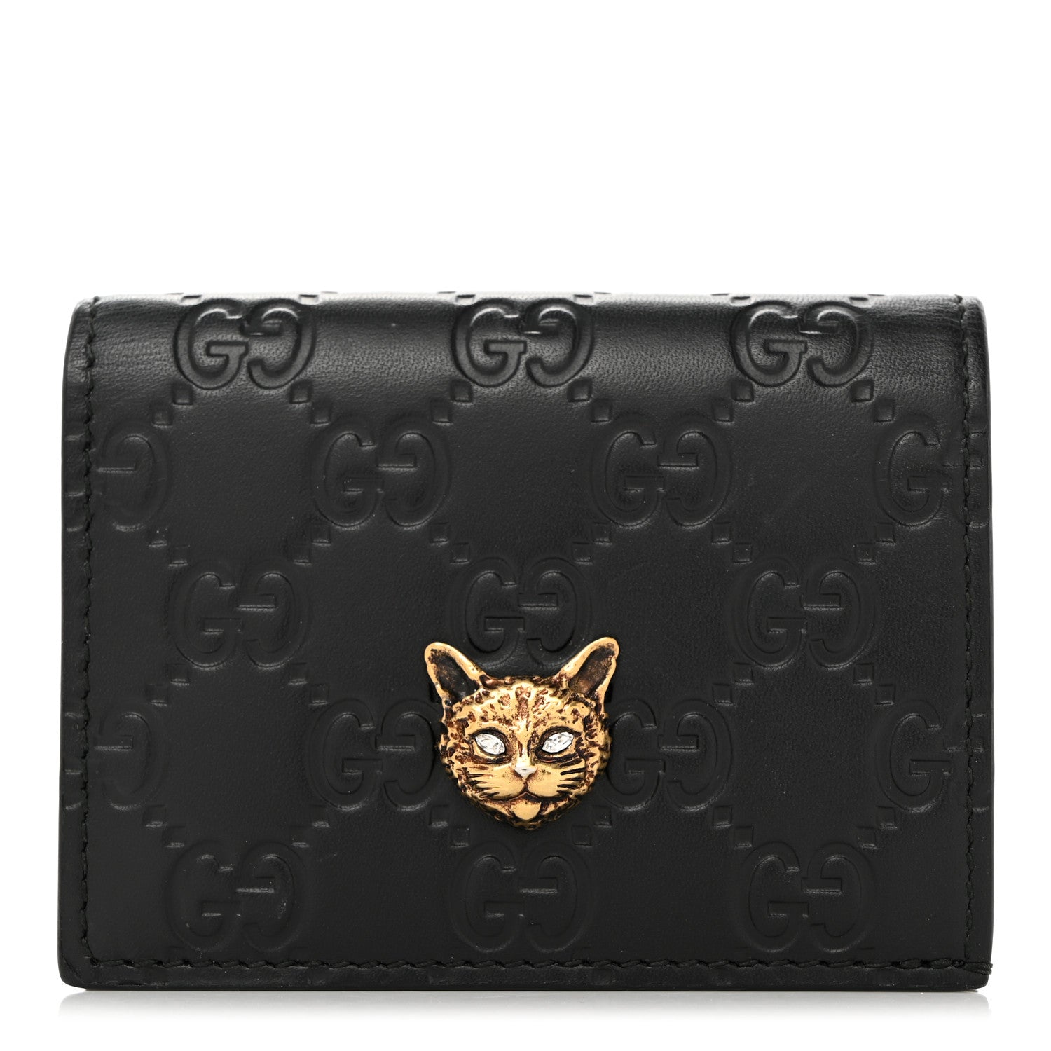Gucci Guccissima Signature Crystal Cat Card Case Wallet Black 1 of 7