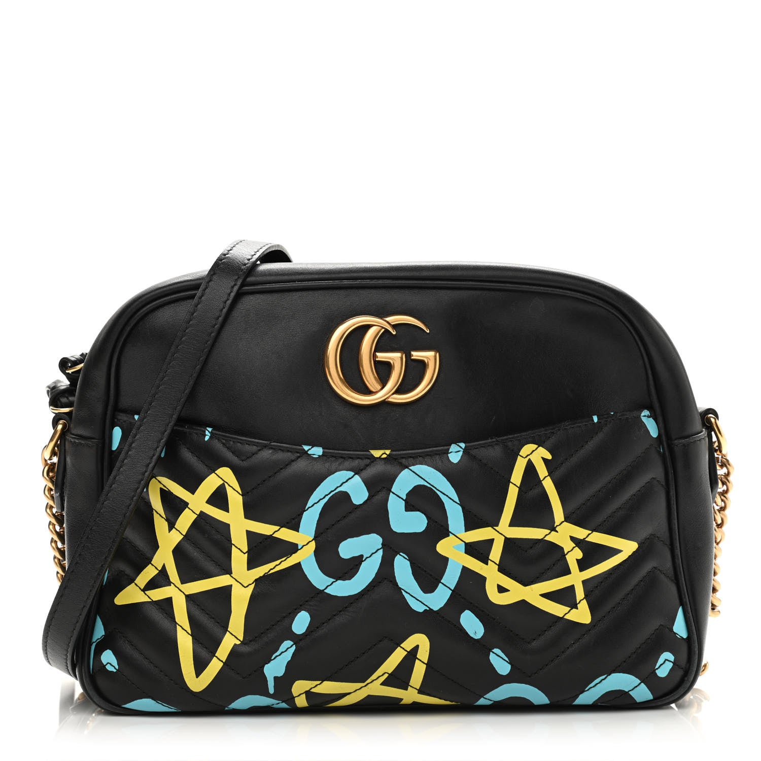 Gucci Calfskin Matelasse GucciGhost Medium GG Marmont Chain Shoulder Bag Black New Acquamarine 1 of 12