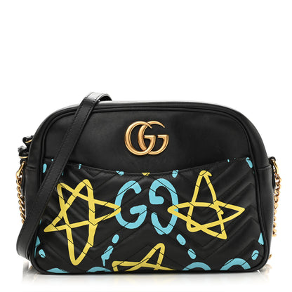 Gucci Calfskin Matelasse GucciGhost Medium GG Marmont Chain Shoulder Bag Black New Acquamarine 1 of 12