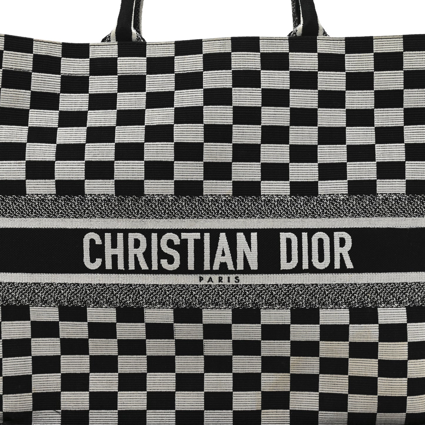 Canvas Embroidered Checkered Book Tote Black White