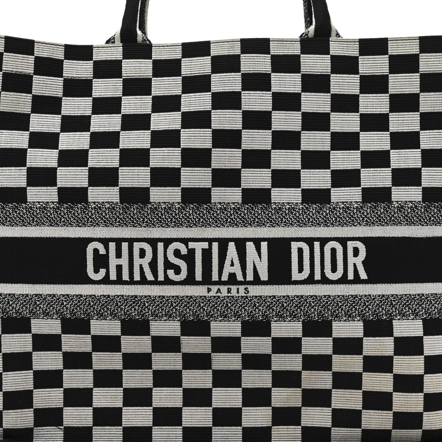 Christian Dior Canvas Embroidered Checkered Book Tote Black White 8 of 12