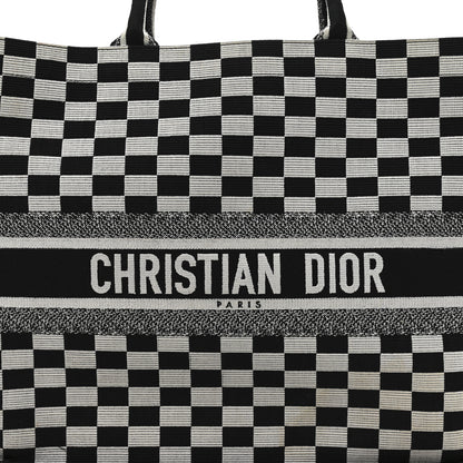 Christian Dior Canvas Embroidered Checkered Book Tote Black White 8 of 12