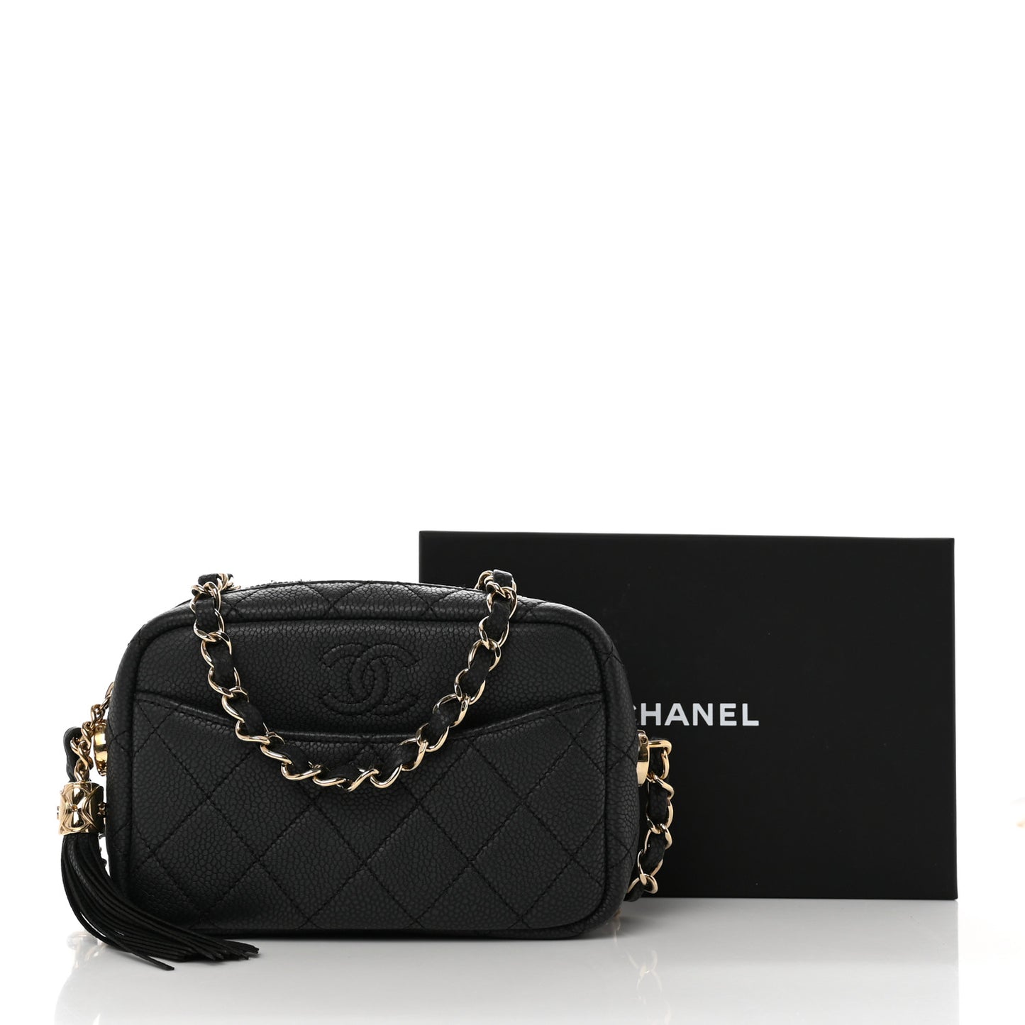 Caviar Quilted Mini Coco Tassel Camera Case Black