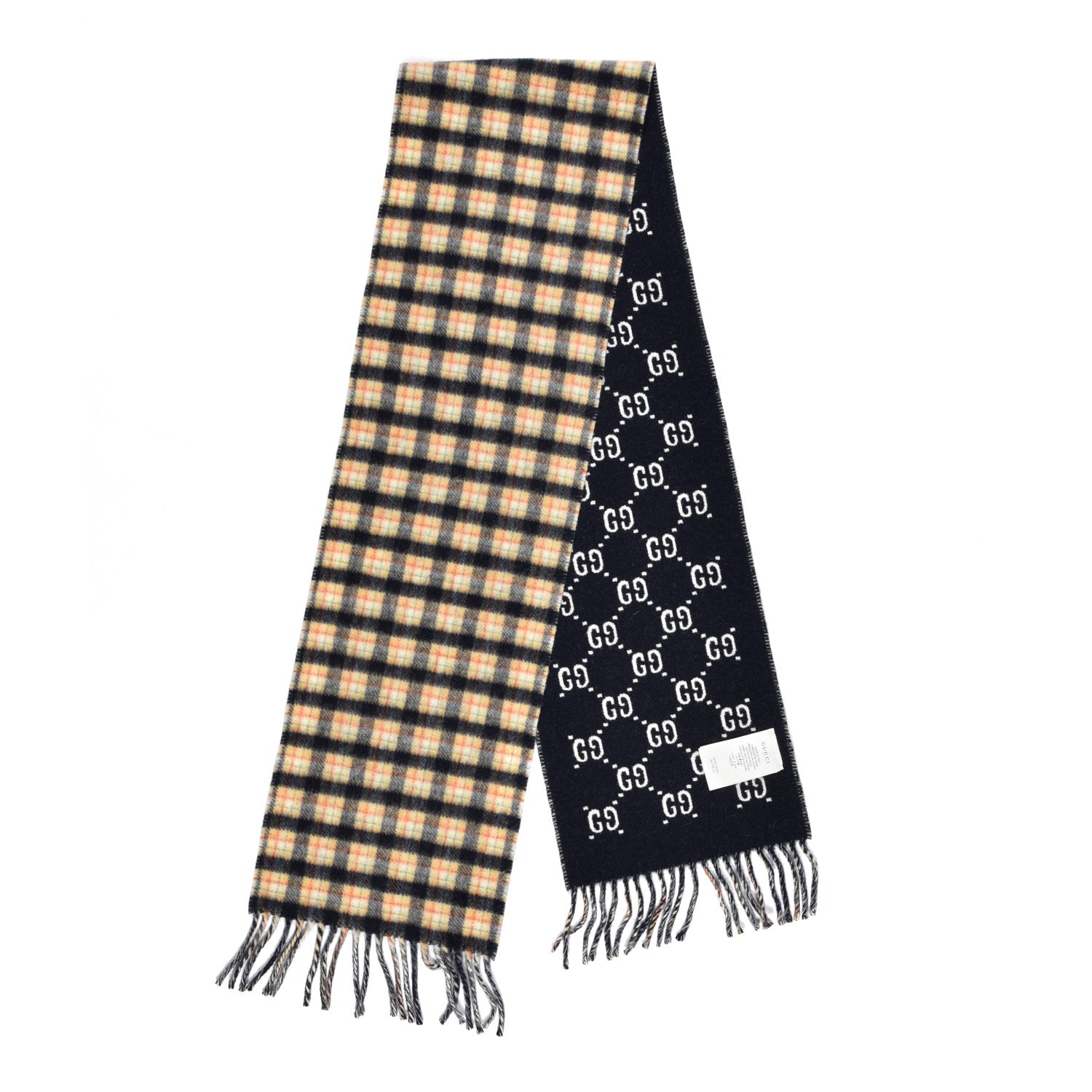 Gucci Wool GG Monogram Plaid Rise Reversible Fringe Scarf Midnight Blue Cream 2 of 4