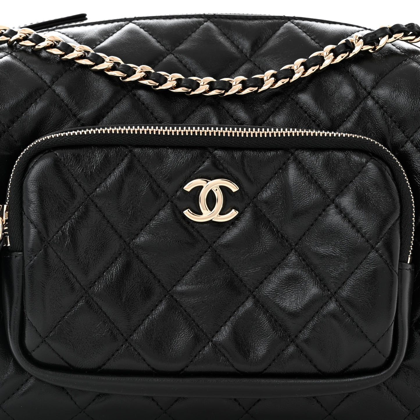 Shiny Crumpled Lambskin Quilted Medium Preppy Pocket Camera Case Black