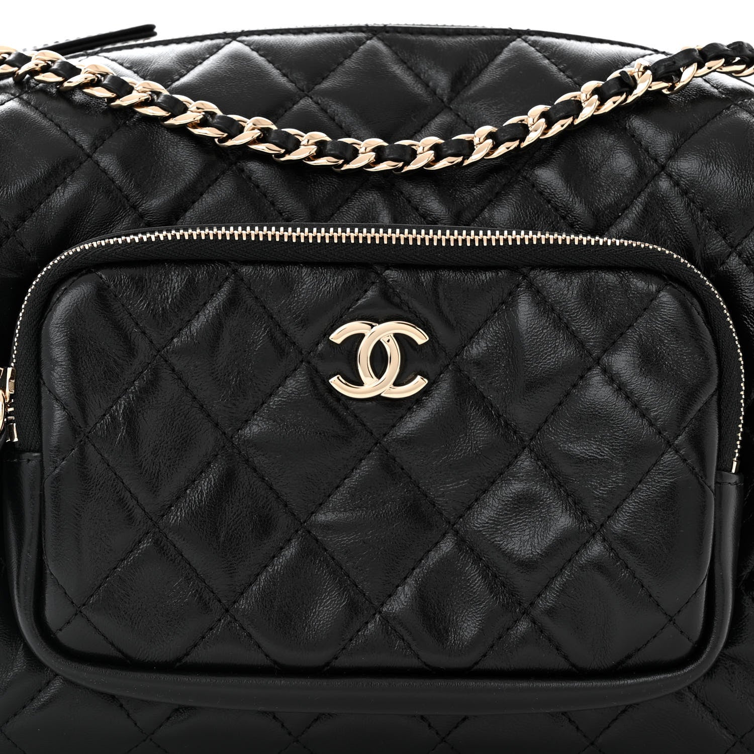 Chanel Shiny Crumpled Lambskin Quilted Medium Preppy Pocket Camera Case Black 8 of 10