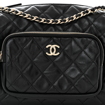 Chanel Shiny Crumpled Lambskin Quilted Medium Preppy Pocket Camera Case Black 8 of 10
