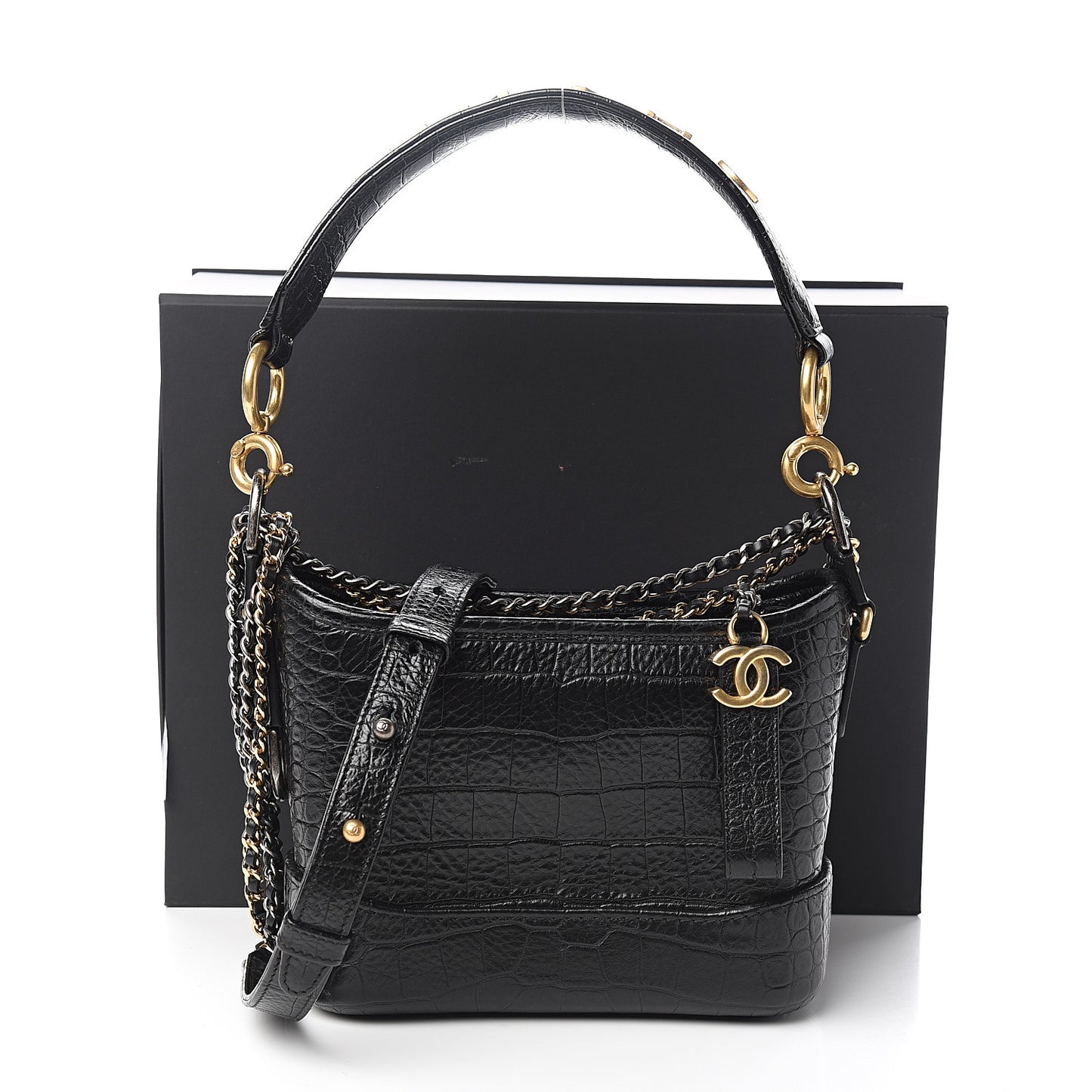 Calfskin Crocodile Embossed Small Gabrielle Cocodile Hobo Black