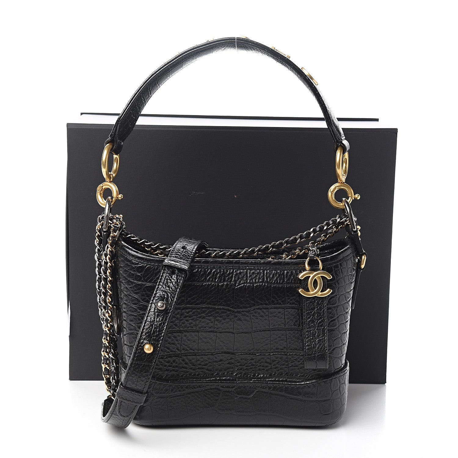 Chanel Calfskin Crocodile Embossed Small Gabrielle Cocodile Hobo Black 11 of 11