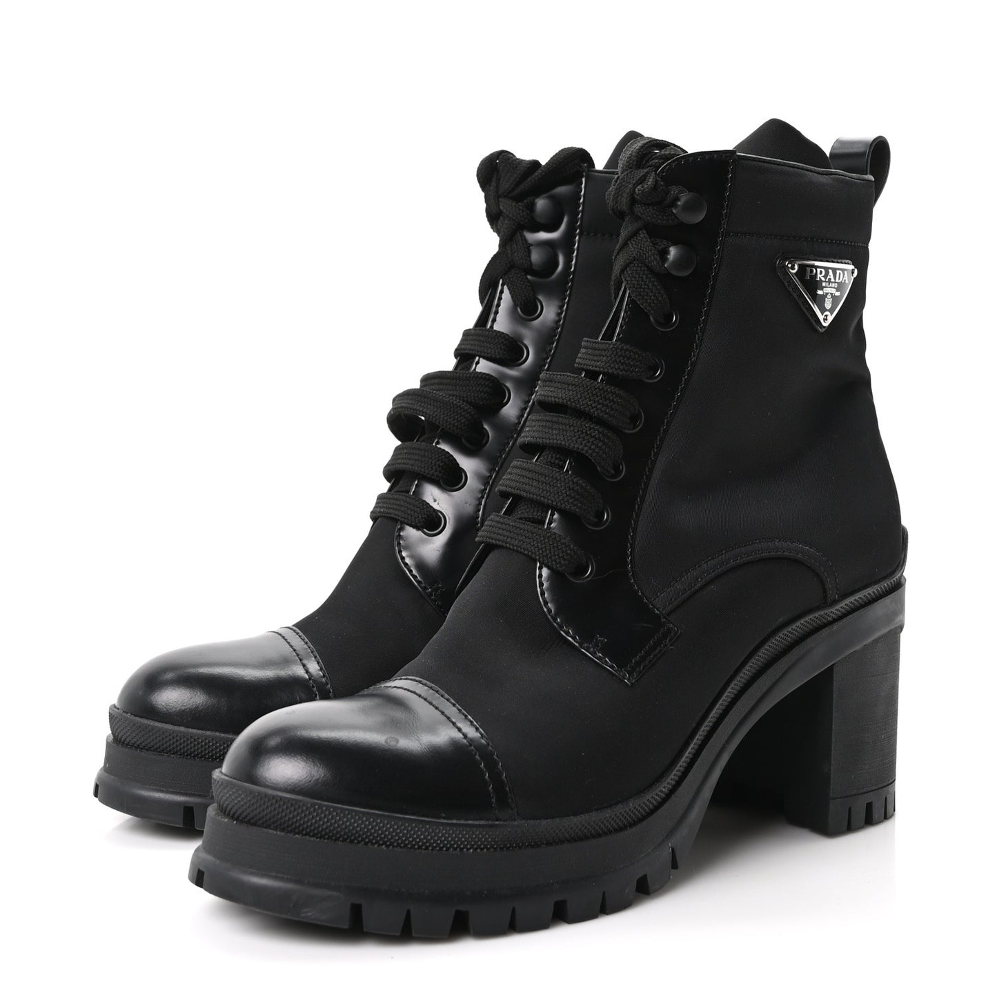 Spazzolato Re-Nylon Metal Triangle Logo Lace Up 55mm Ankle Boots 39.5 Black