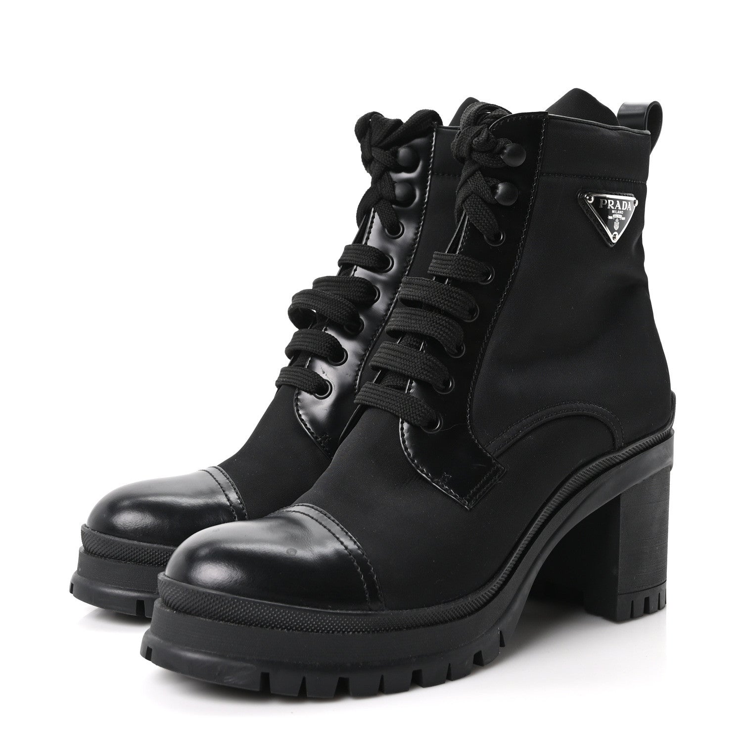Prada Spazzolato Re-Nylon Metal Triangle Logo Lace Up 55mm Ankle Boots 39.5 Black 4 of 9