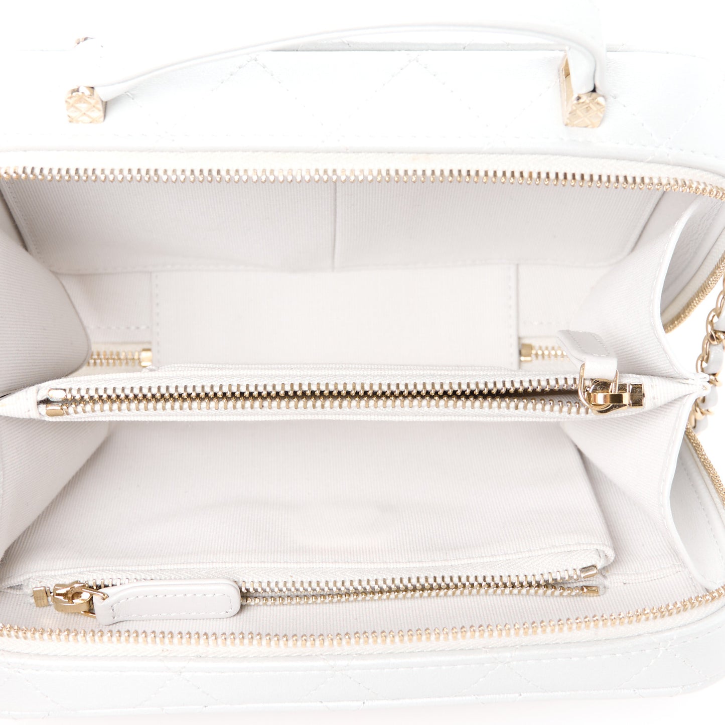 Metallic Lambskin Quilted Top Handle Vanity Case Silver