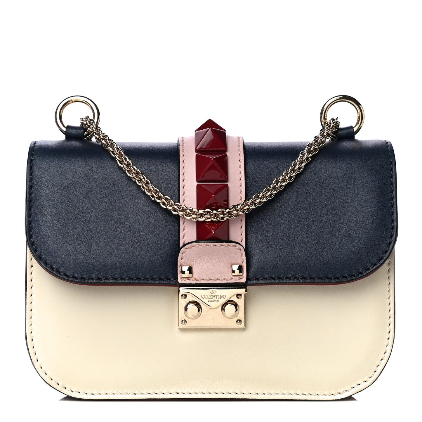 Vitello Small Glam Lock Rockstud Flap Light Ivory Water Rose Marine Rubin