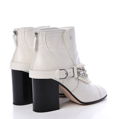 Chanel Crackled Calfskin Pearl Chain CC Short Boots 42 White 4 of 12