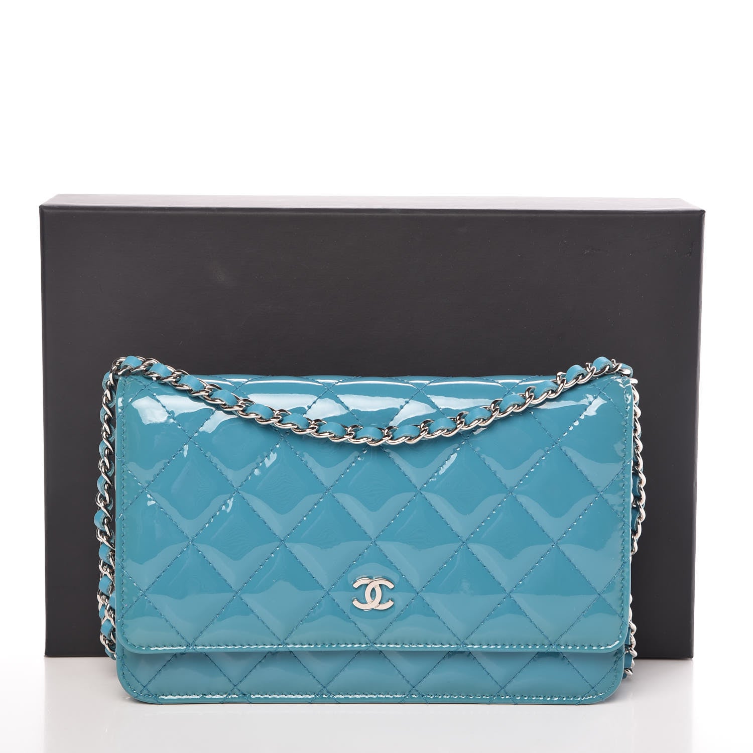 Chanel Patent Quilted Wallet On Chain WOC Turquoise Blue 11 of 11