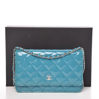 Chanel Patent Quilted Wallet On Chain WOC Turquoise Blue 11 of 11