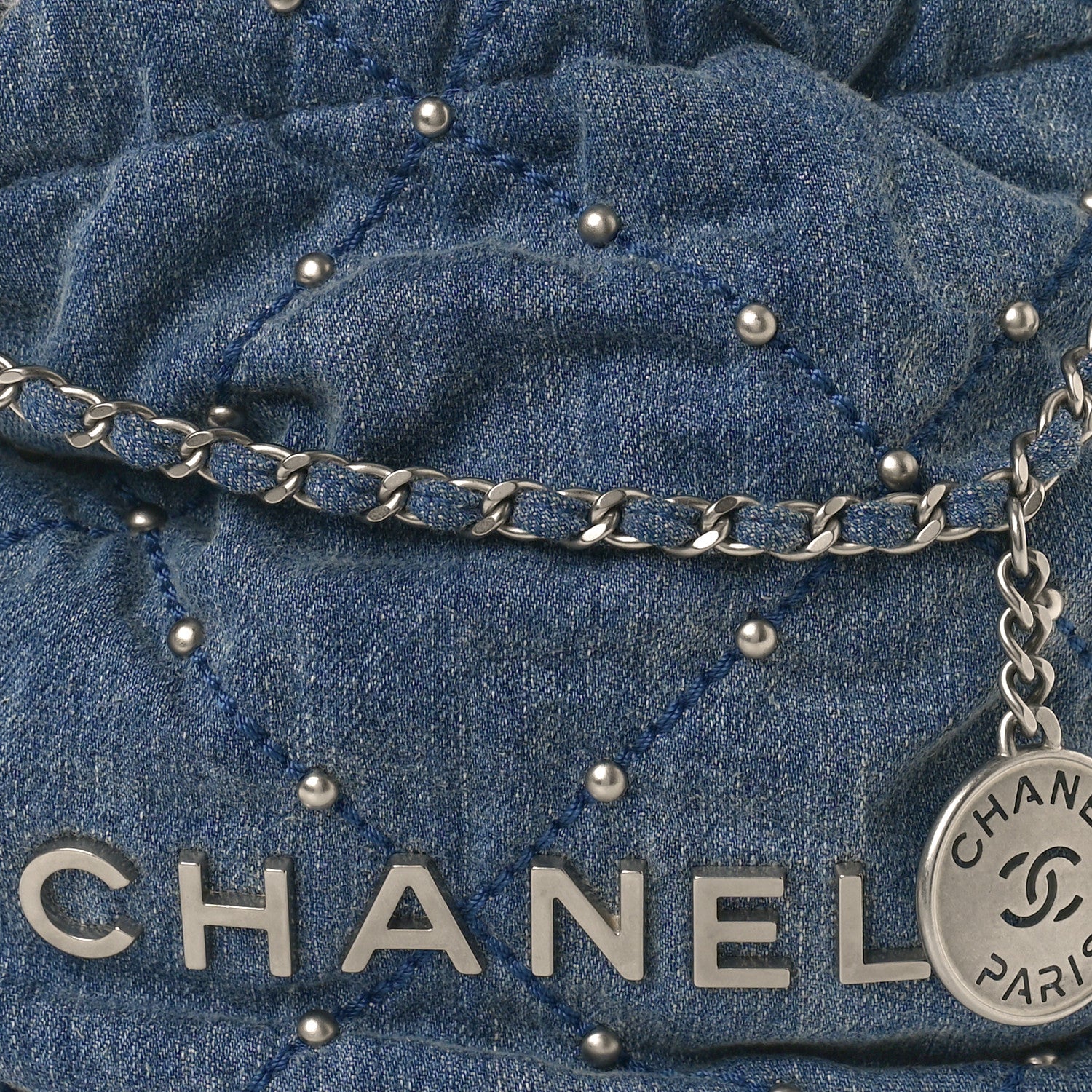 Chanel Washed Denim Quilted Studded Mini Chanel 22 Blue 8 of 11