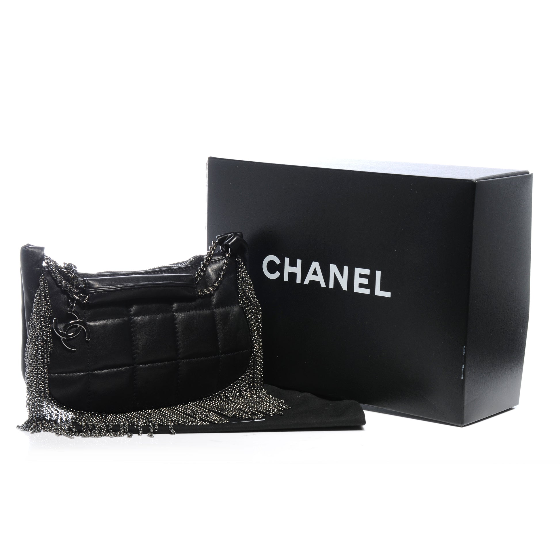 Chanel Lambskin Square Quilted Chain Fringe Pochette Black 5 of 8