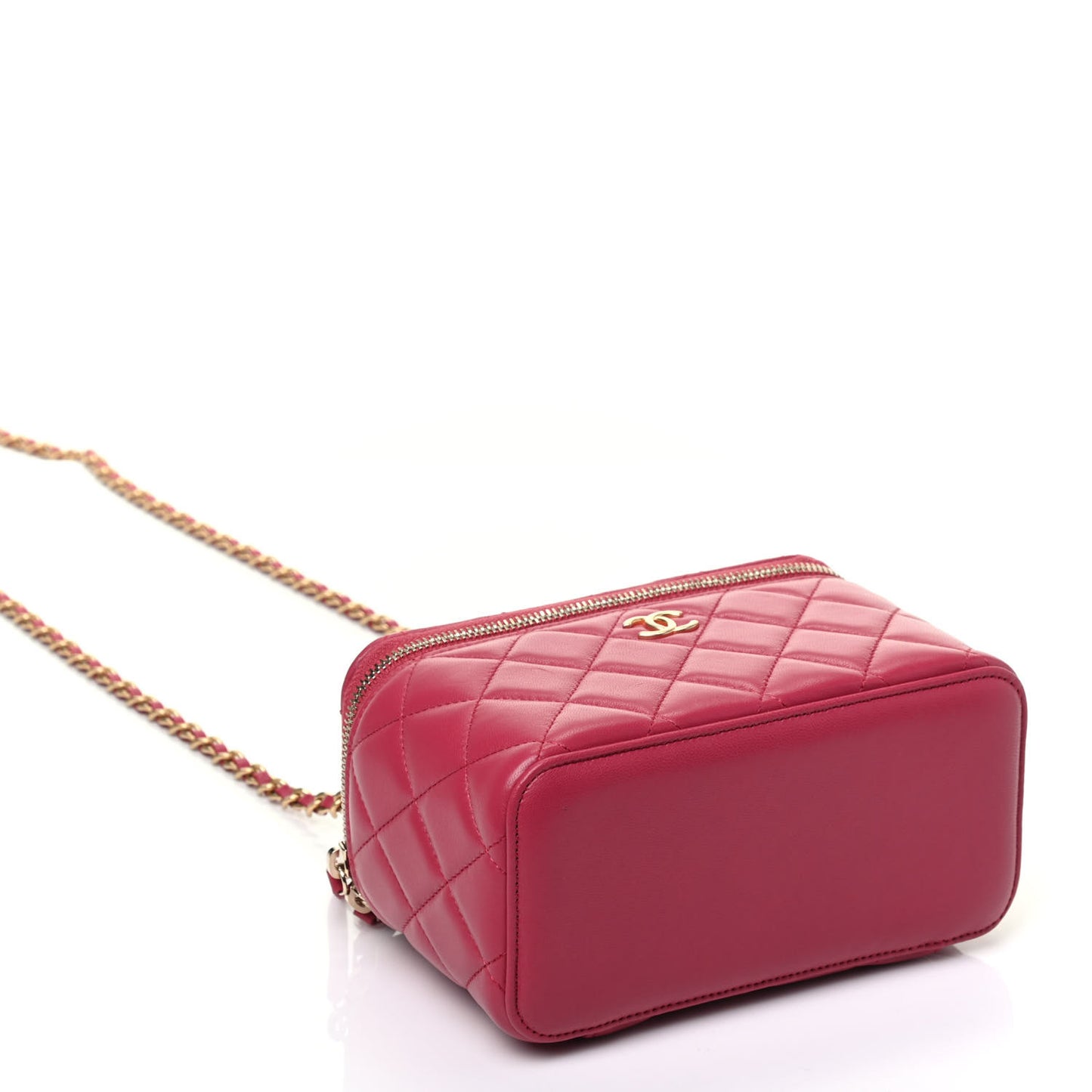 Lambskin Quilted Small Top Handle Vanity Case With Chain Dark Pink