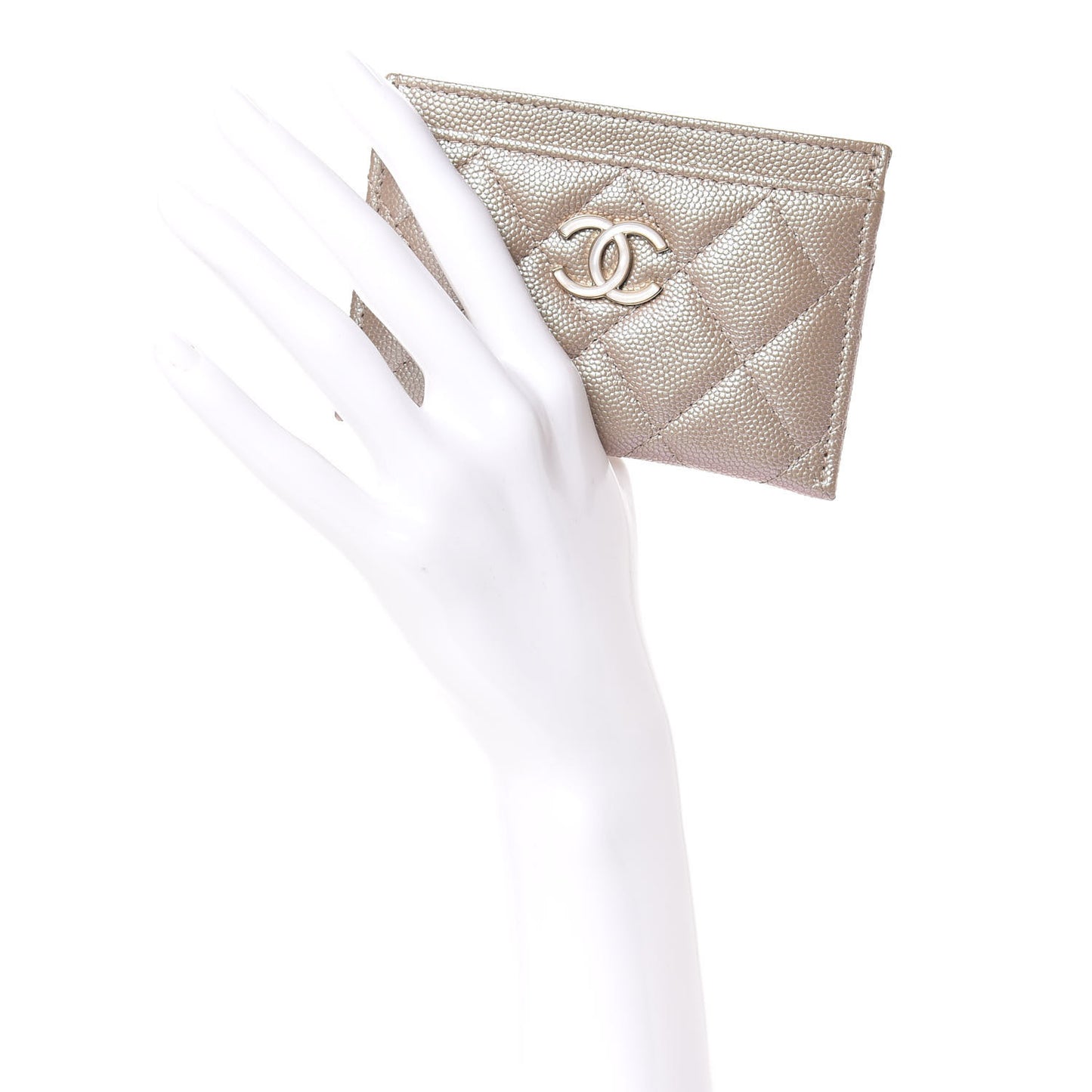 Iridescent Caviar Quilted Card Holder Beige