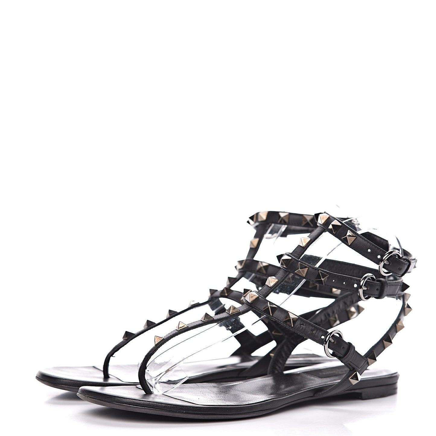 Nappa Rockstud Ankle Strap Flat Thong Sandals 38.5 Black