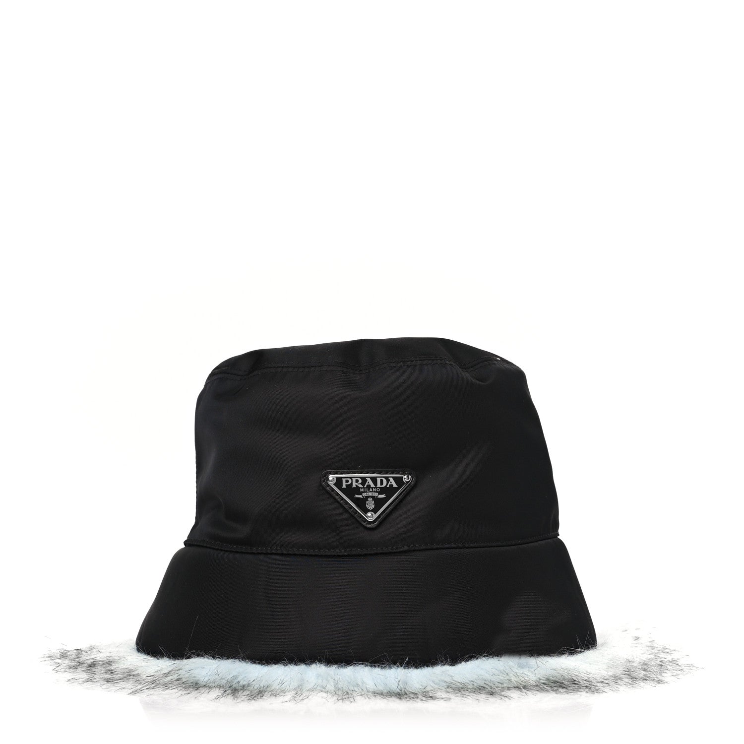 Prada Re-Nylon Faux Fur Metal Triangle Logo Womens Bucket Hat M Black Astro 1 of 6
