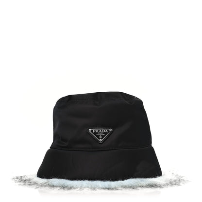 Prada Re-Nylon Faux Fur Metal Triangle Logo Womens Bucket Hat M Black Astro 1 of 6