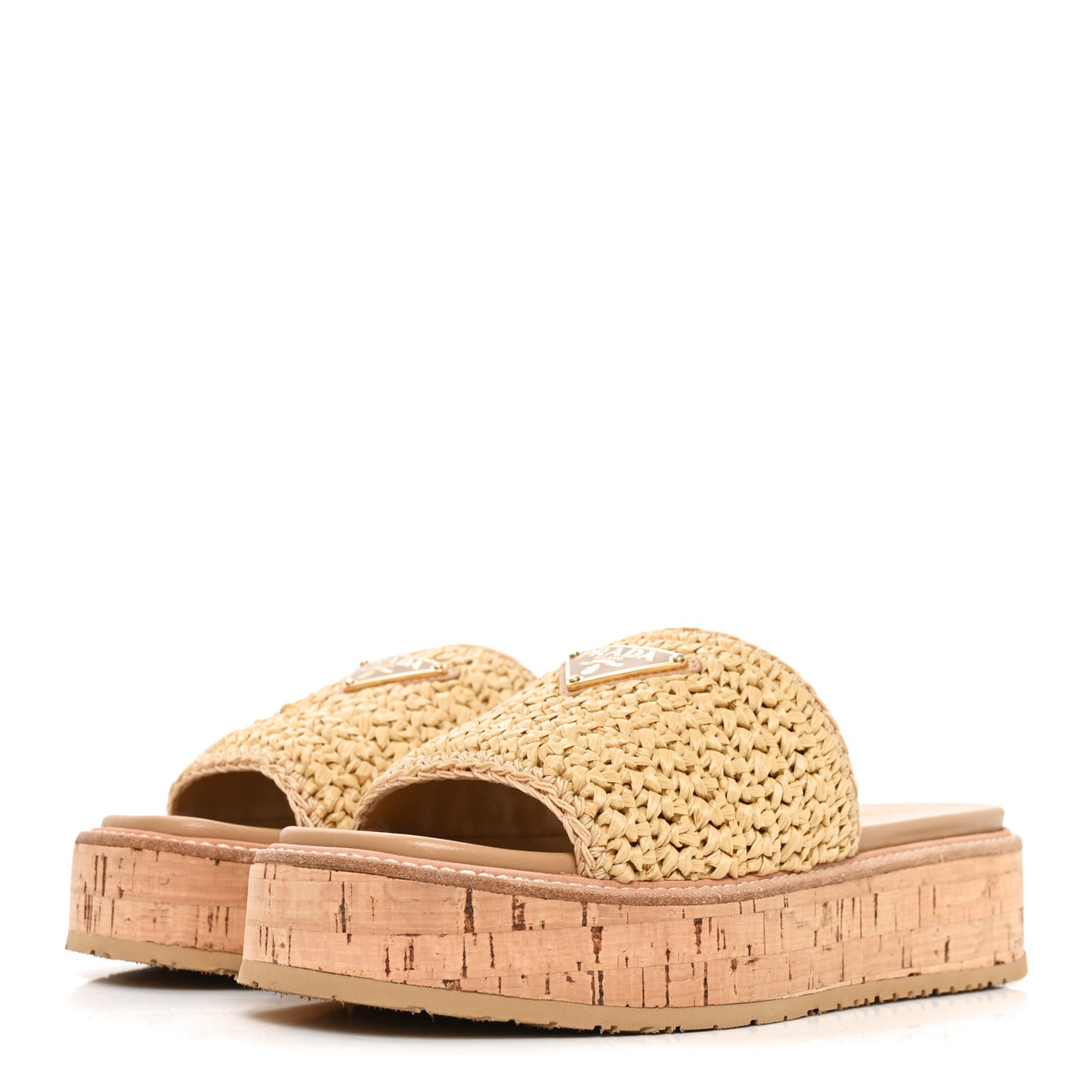 Raffia Metal Triangle Logo Woven Flatform 35mm Slide Sandals 36 Naturale