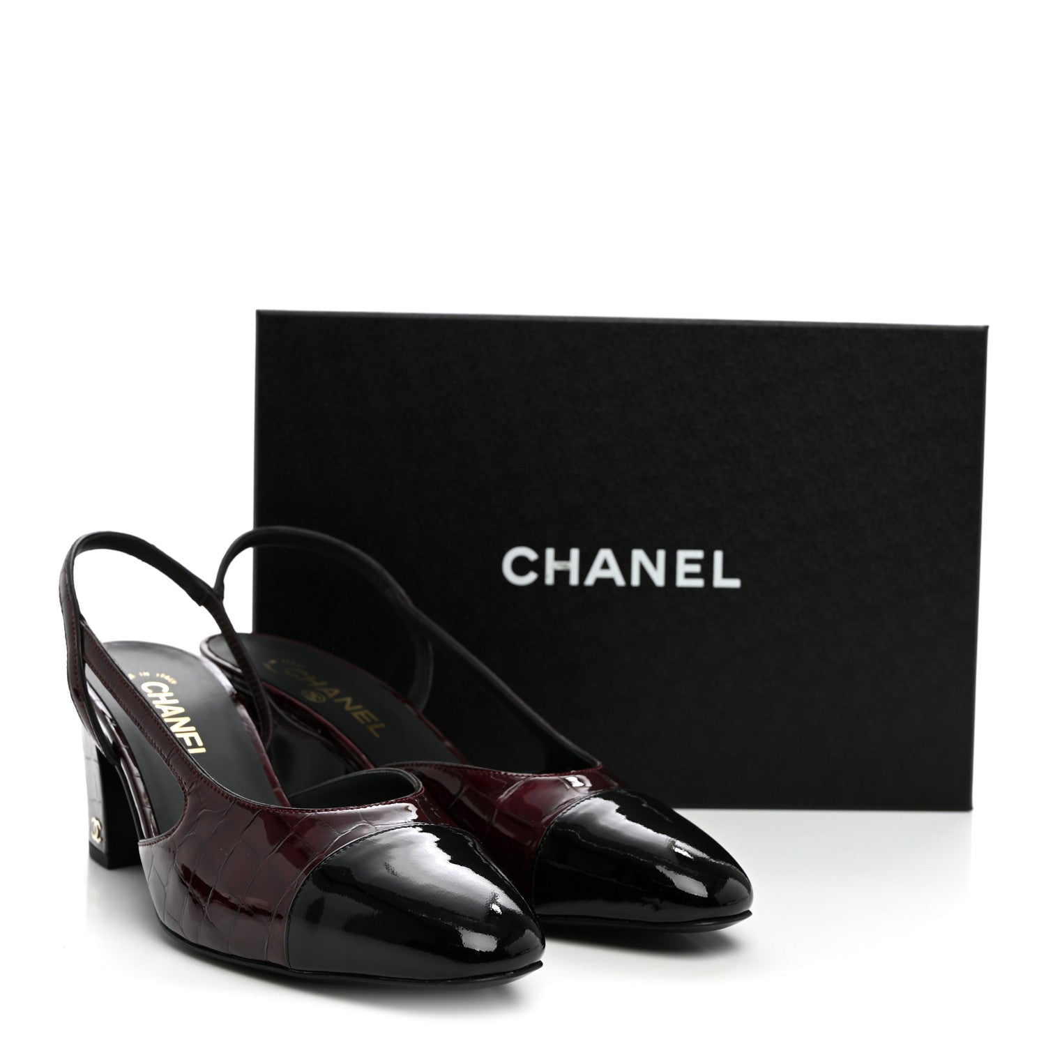 Chanel Patent Calfskin Crocodile Embossed Cap Toe CC Slingback Pumps 41 Dark Burgundy Black 10 of 10